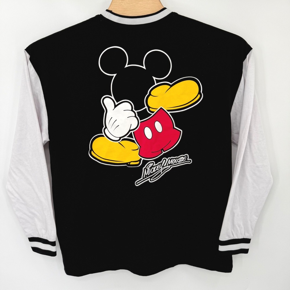 Disney Long Sleeve Shirt Mens Large Black Mickey Mouse Varsity Ringer Graphic